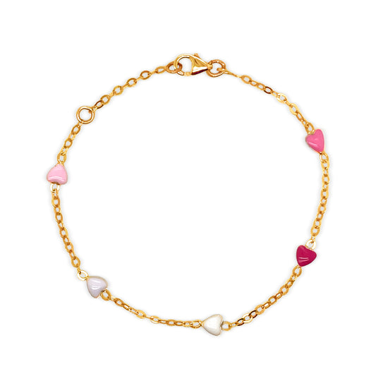 14k Yellow Gold Enamel Heart Bracelet for Girls – Pink & White