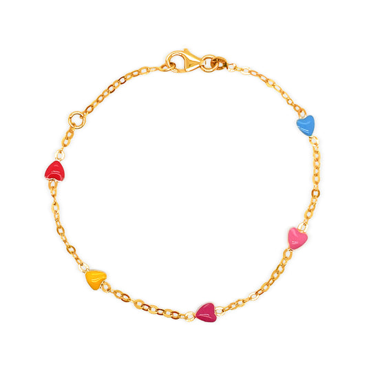 14k Yellow Gold Multicolor Enamel Heart Bracelet for Girls