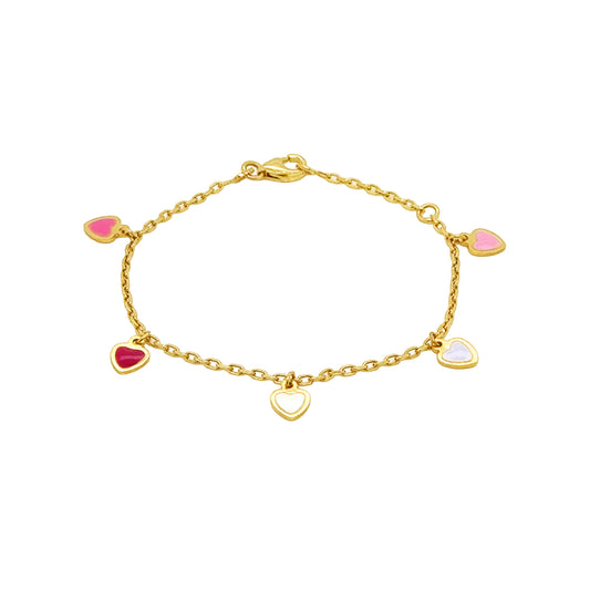 14k Yellow Gold Enamel Heart Charm Bracelet for Girls