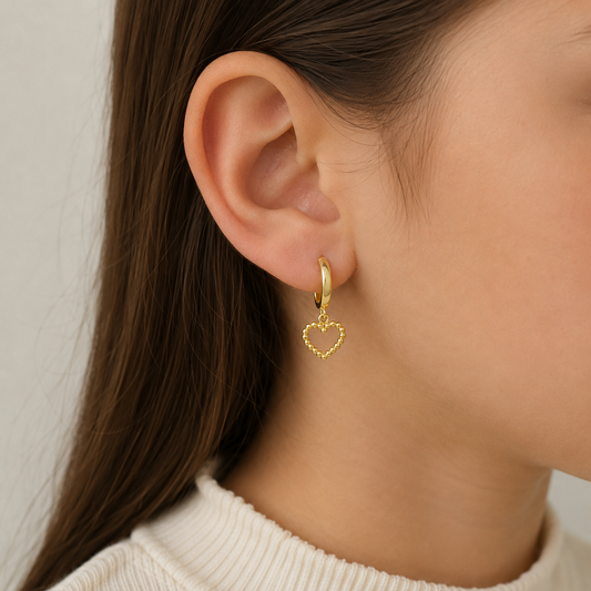 Dainty 14K Gold Beaded Heart Drop Earrings – for Girls & Teens
