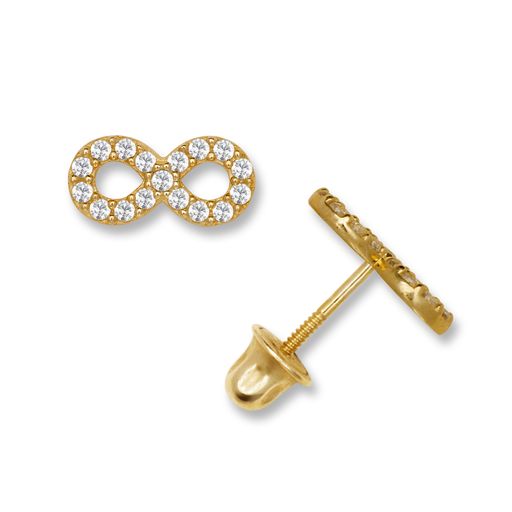 14K gold heart infinity screw back earrings with cubic zirconia for babies and kids