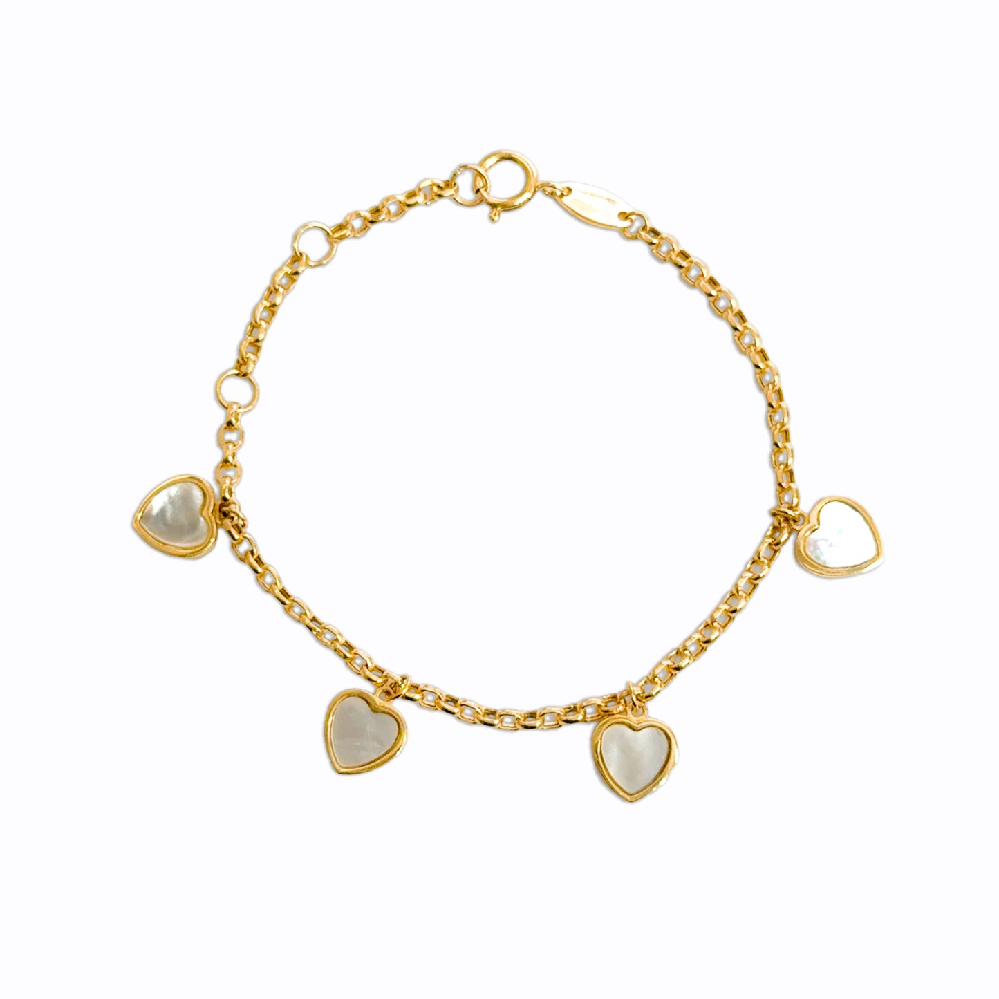 14k gold mother of pearl heart charm bracelet for babies and kids