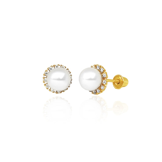 14k gold pearl halo screw back stud earrings for babies and kids with cubic zirconia