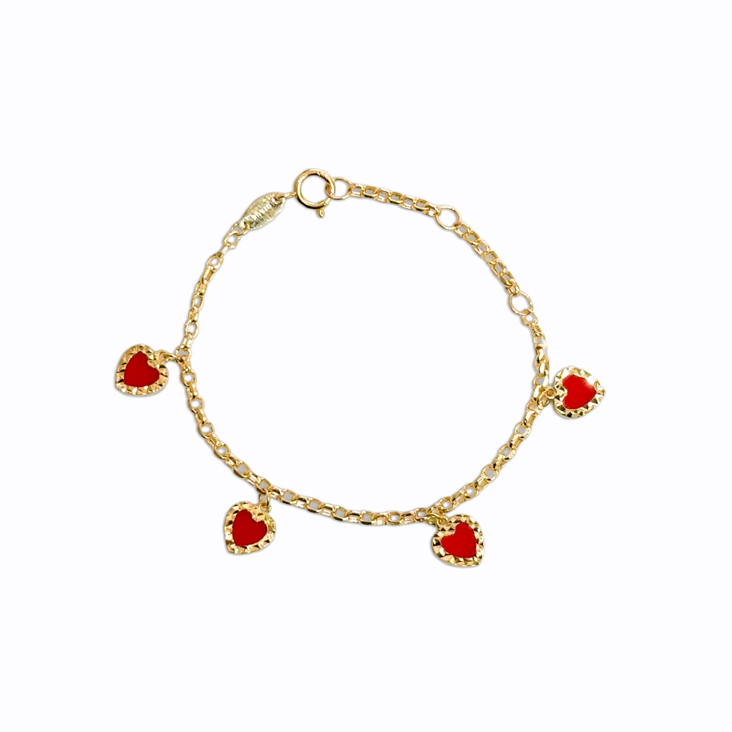 Gold bracelet with red heart charms on a white background