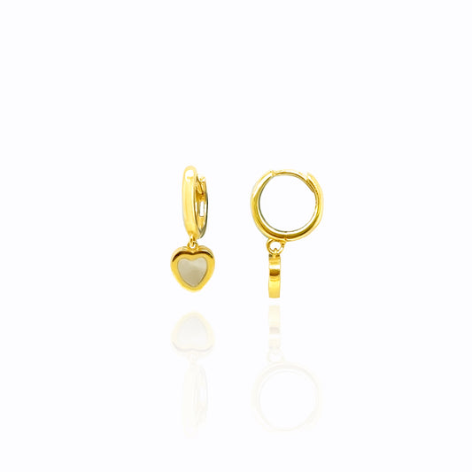 Girl’s 14K gold mother of pearl heart dangle earrings with mini huggie hoops