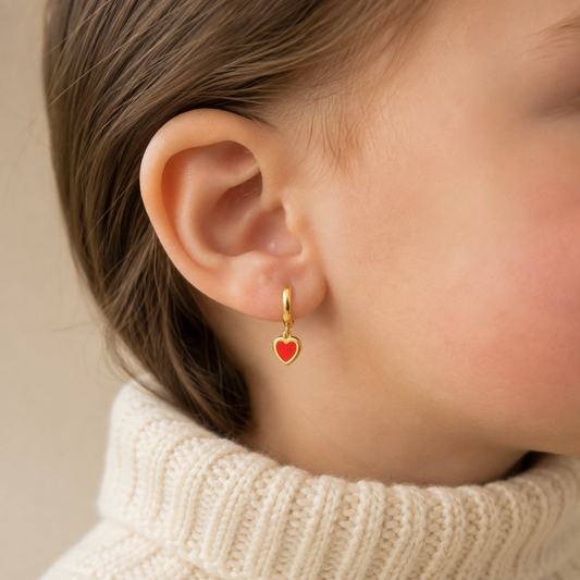 14K Gold Red Coral Heart Dangle Earrings for Girls & Teens