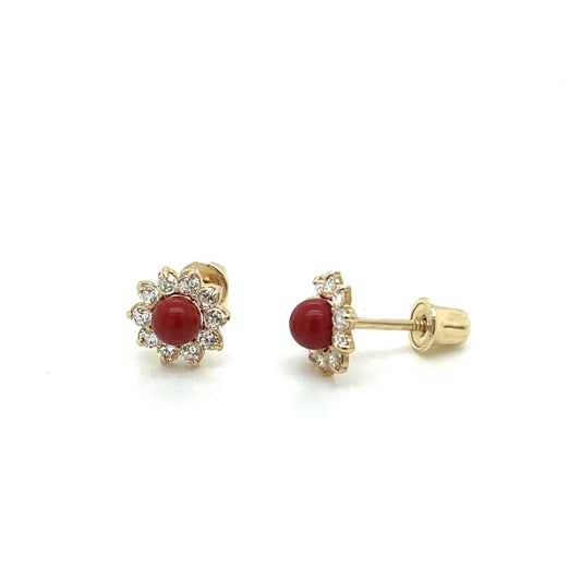 Red Coral Flower Screw Back Earrings-6mm