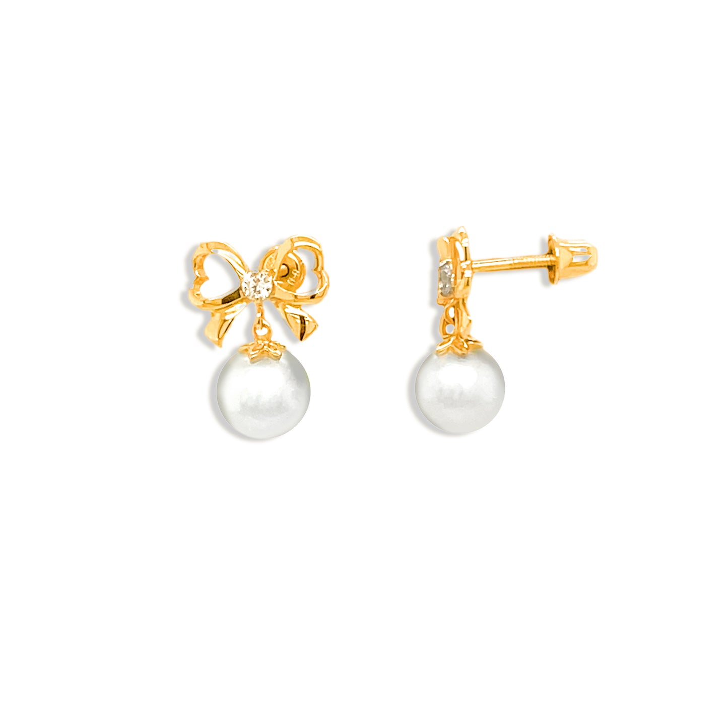 14k Bow With Hanging Pearl Screw-back Earrings