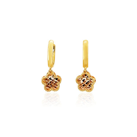 14K Dangling Diamond Cut Flower Earrings