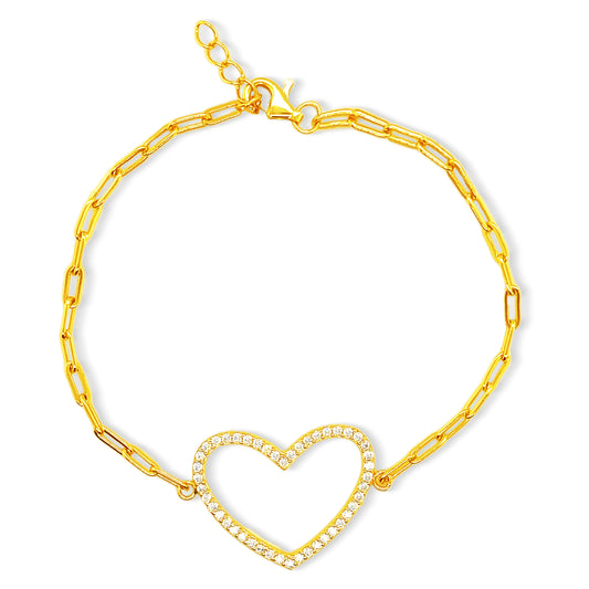 Paperclip Diamond Heart Bracelet 14k Gold Plated