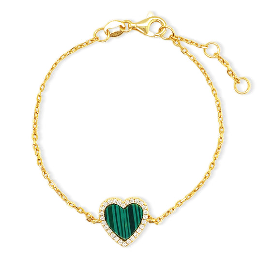 Malachite Heart Diamond Bracelet 14k Gold Plated