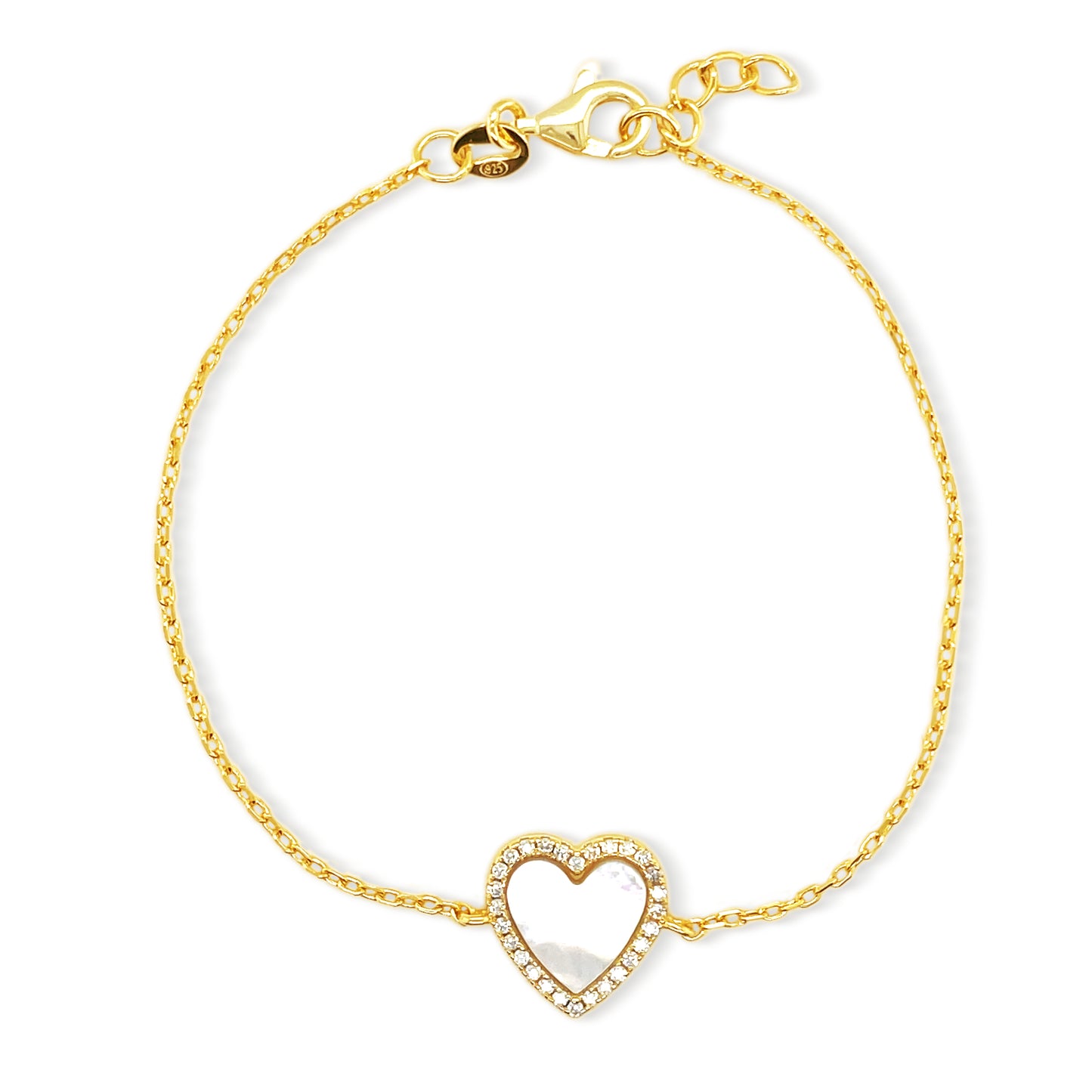 Mother of Pearl Heart Diamond Bracelet 14k Gold Plated