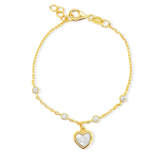 Mother Of Pearl Heart Charm Kids Bracelet 14k Gold Plated