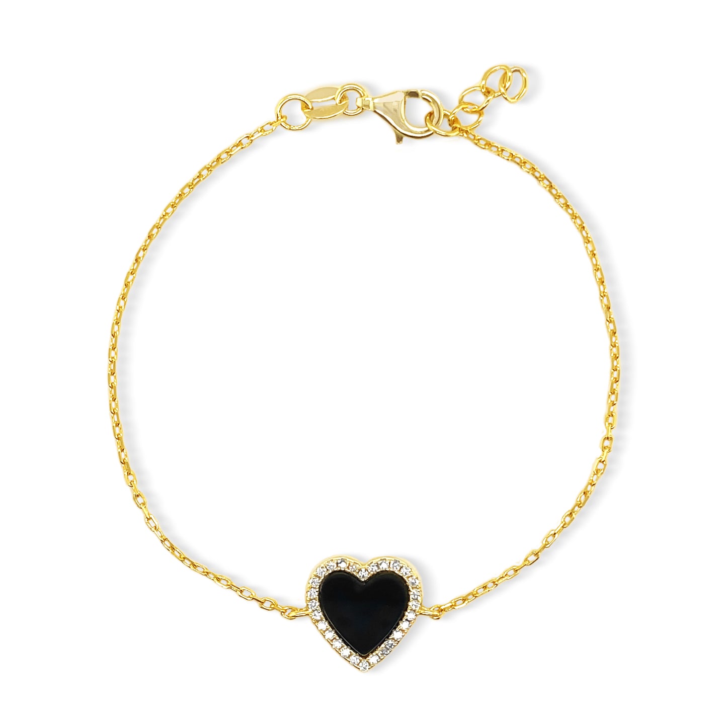 Onyx Heart Diamond Bracelet 14k Gold Plated