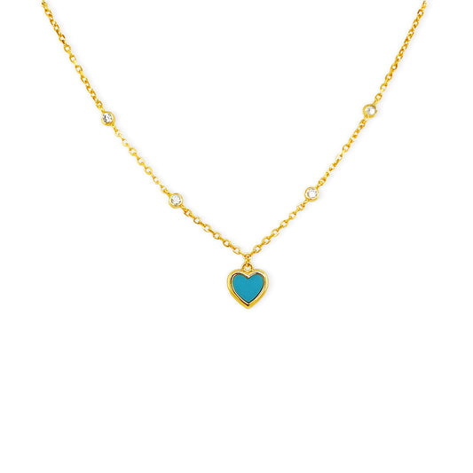 Turquoise Heart Charm Kids Necklace 14k Gold Plated