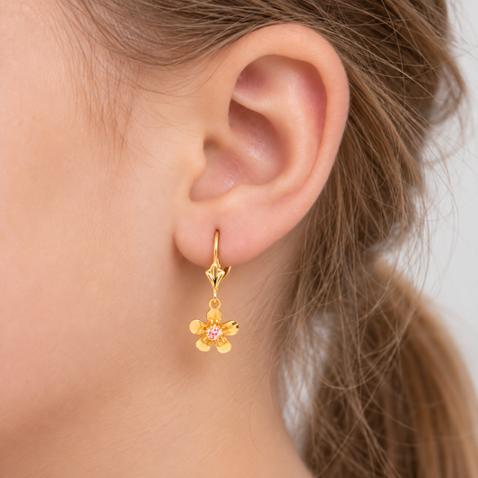 14k Gold Flower Lever-back Earrings