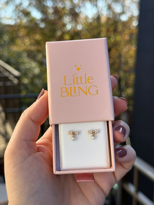14k Gold Bowtie Hanging pearl Screw-Back Earrings