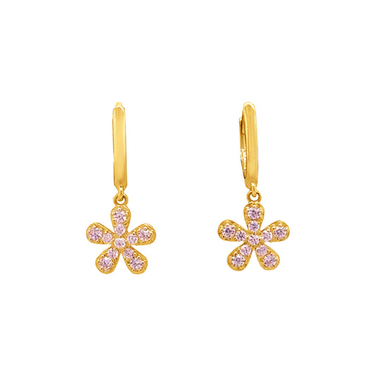 14k Gold Light Pink Floral Dangle Earrings