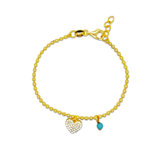 Beaded Heart Charm Bracelet 14k Gold Plated