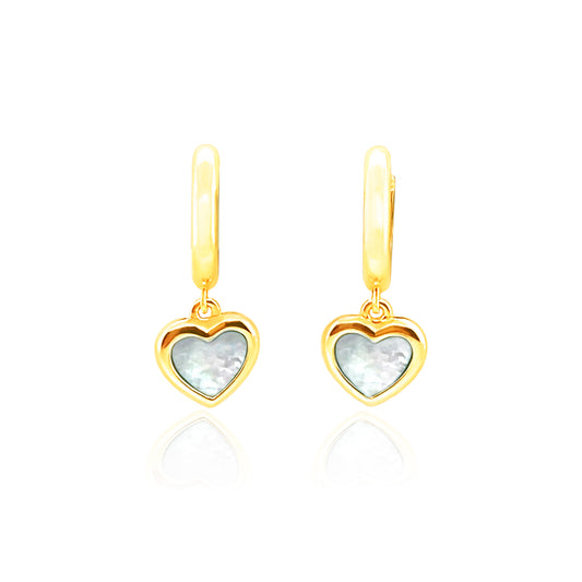 Hanging Mother Of Pearl Heart Earrings 14k Gold Plated