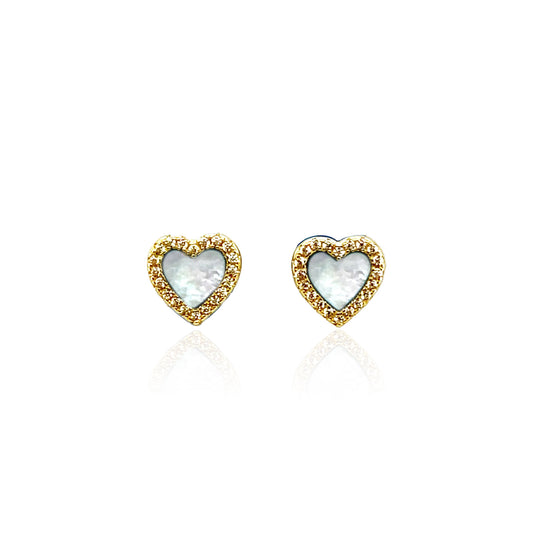 Mother Of Pearl Halo Heart Stud Earrings 14k Gold Plated
