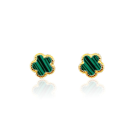 Malachite Flower Stud Earrings 14k Gold Plated