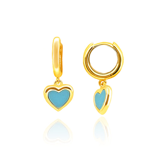 Hanging Turquoise Heart Earrings  14k Gold Plated