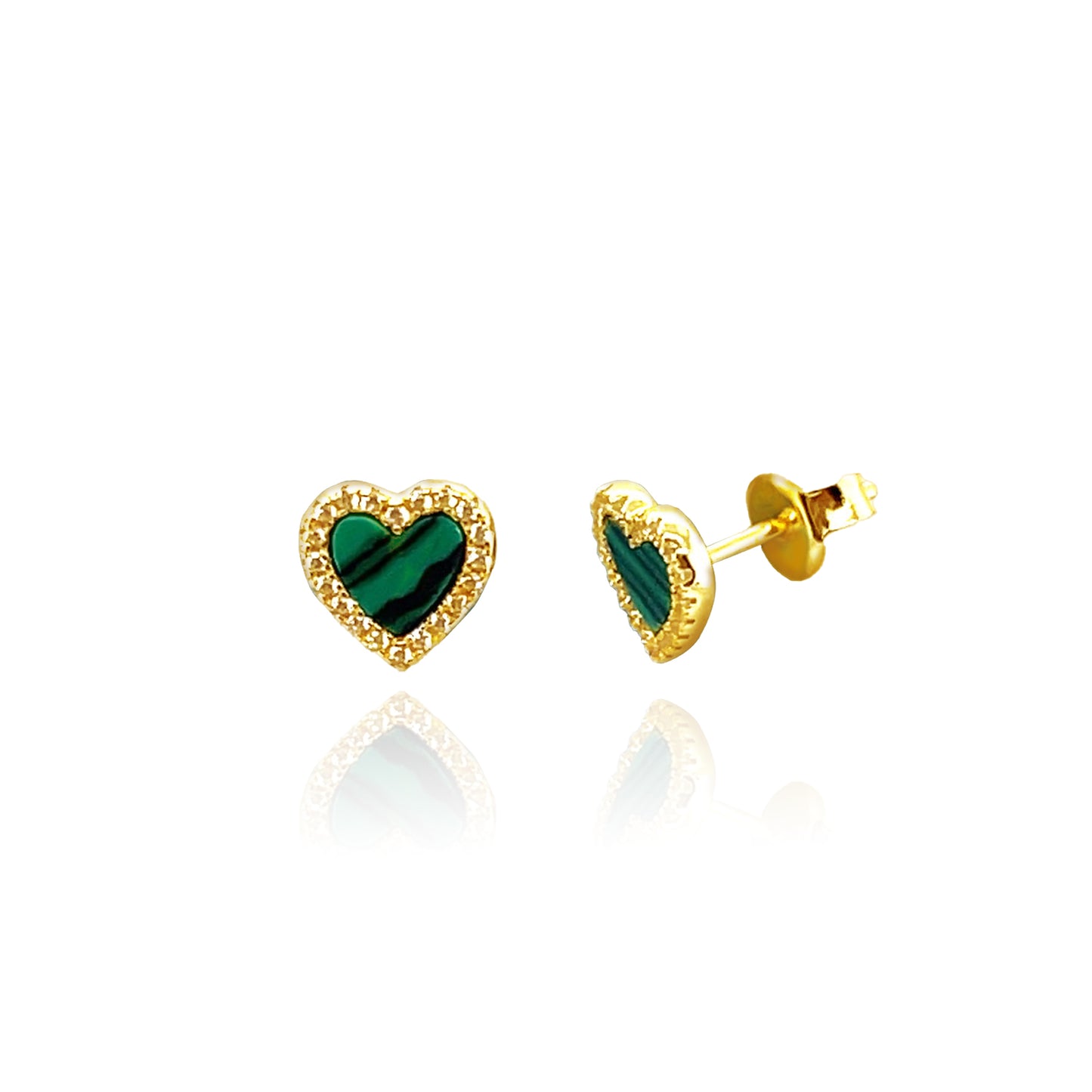 Malachite Halo Heart Stud Earrings 14k Gold Plated