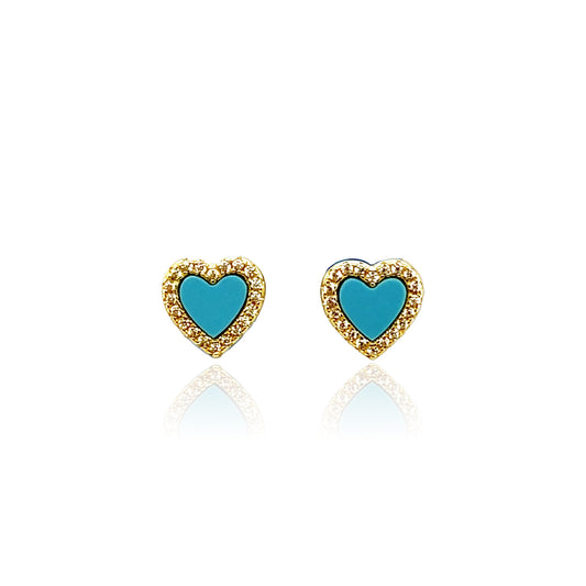 Turquoise Halo Heart Stud Earrings 14k Gold Plated
