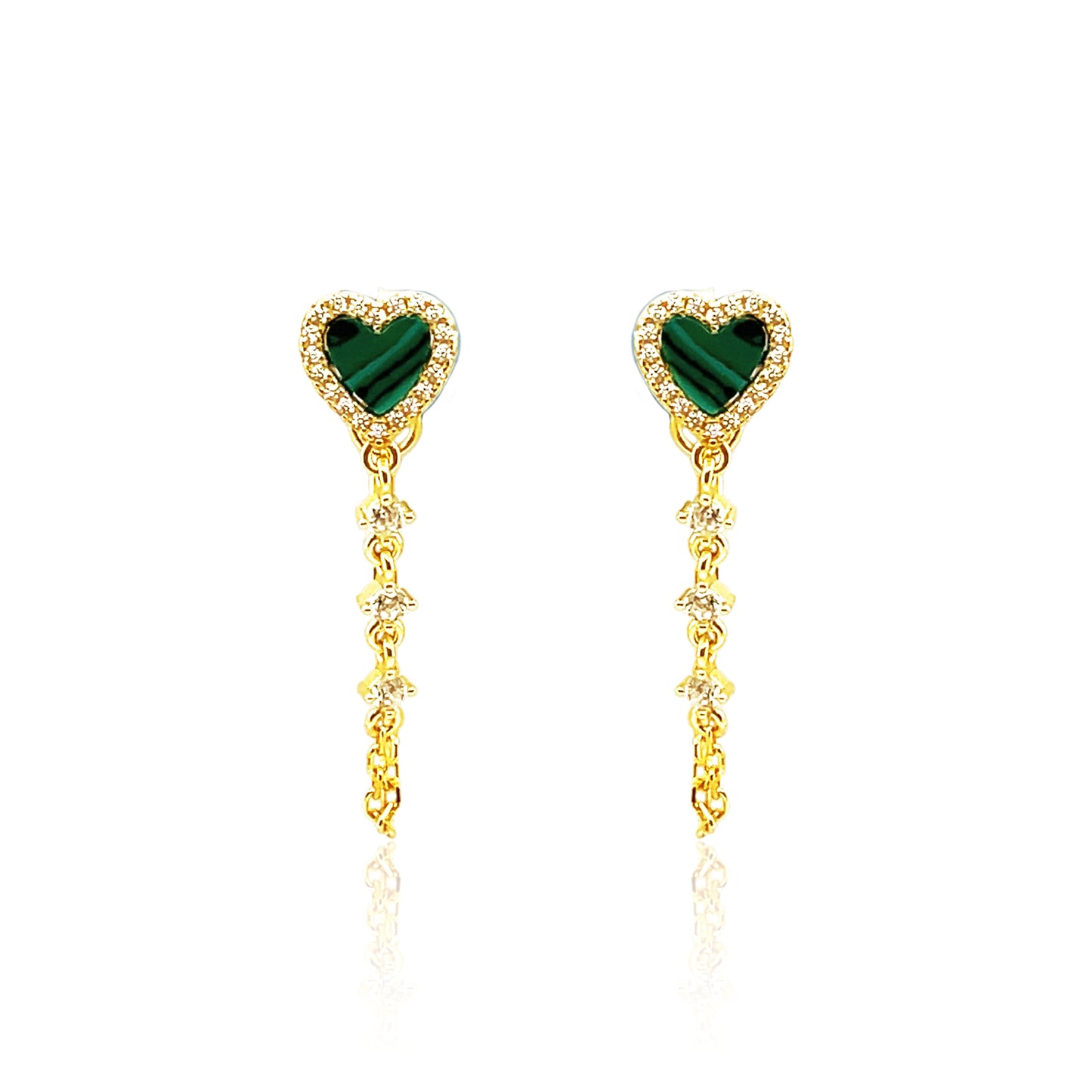 Malachite Heart Dangle Chain Drop Earrings 14k Gold Plated