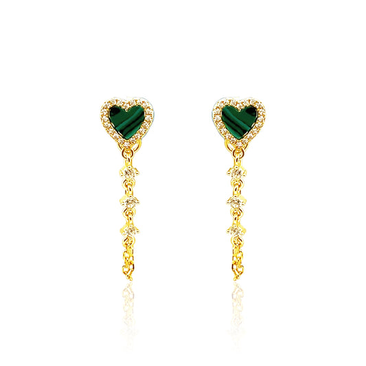 Malachite Heart Dangle Chain Drop Earrings 14k Gold Plated
