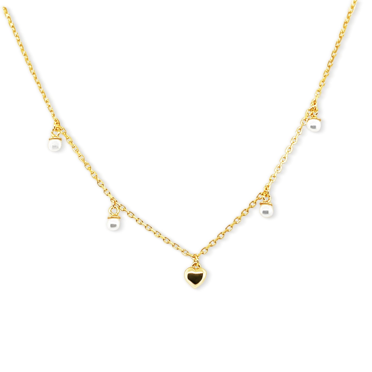 Hanging Pearls and Heart Necklace 14k Gold Plated