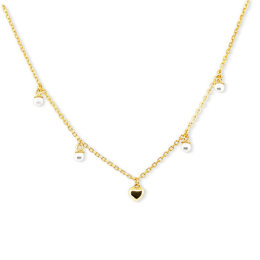 Hanging Pearls and Heart Necklace 14k Gold Plated