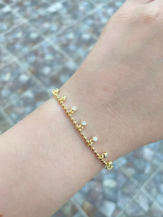Beaded Bracelet With Hanging Diamonds 14k Gold Plated