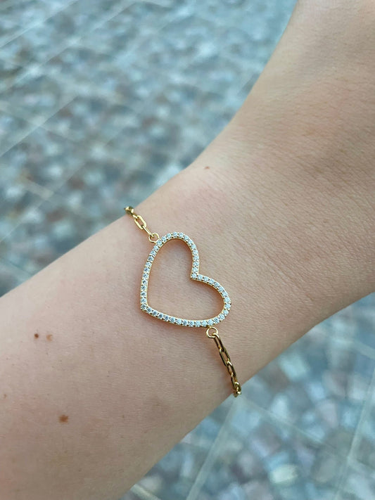 Paperclip Diamond Heart Bracelet 14k Gold Plated