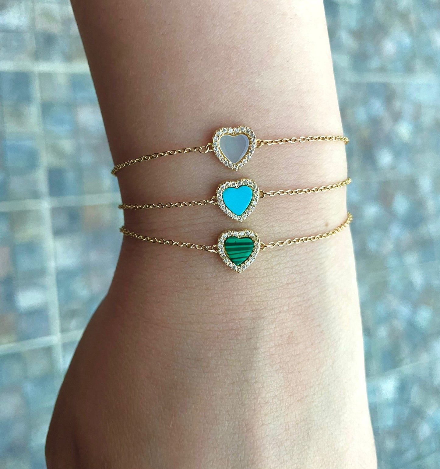 Turquoise Small Heart Diamond Bracelet 14k Gold Plated
