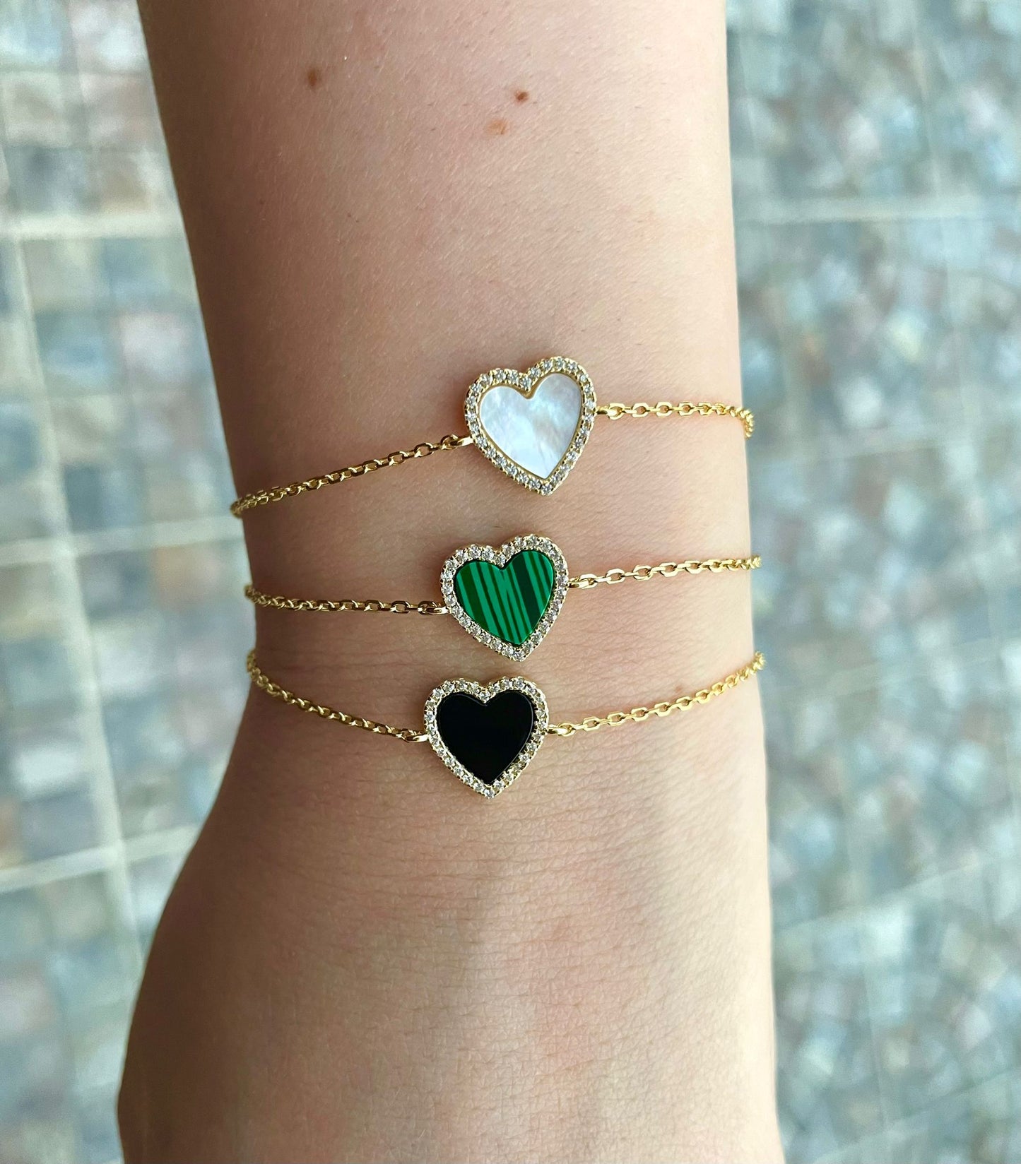 Malachite Heart Diamond Bracelet 14k Gold Plated