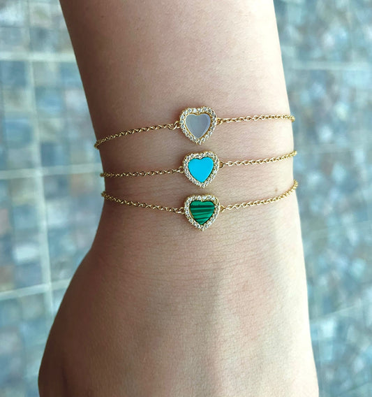 Turquoise Small Heart Diamond Bracelet 14k Gold Plated