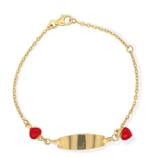A 14K gold heart enamel ID bracelet with adjustable chain, featuring red enamel accents.