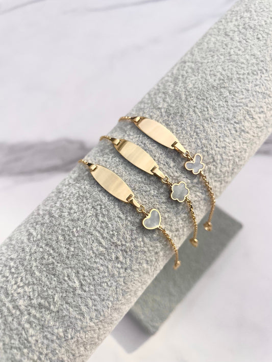kids personalized gold id bracelet mother of pearl