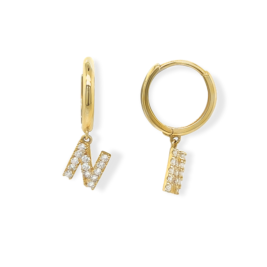 14K Gold Initial CZ Hanging Earrings