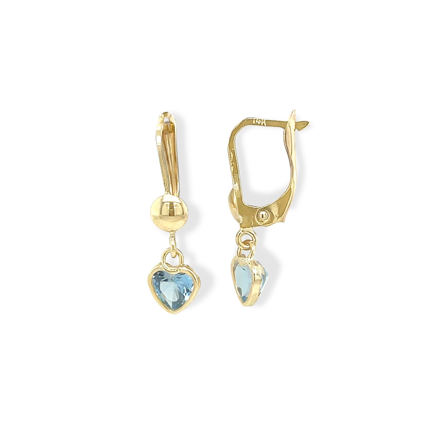14k Gold Colored Stone Heart Leverback Earrings