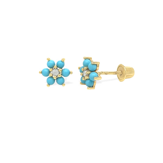 14k Turquoise Flower Screw Back Earrings