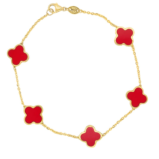 14k 10mm Red Clover Bracelet 5.5"