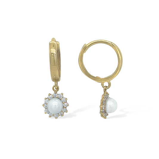 14k Gold Halo Pearl Hanging Earrings