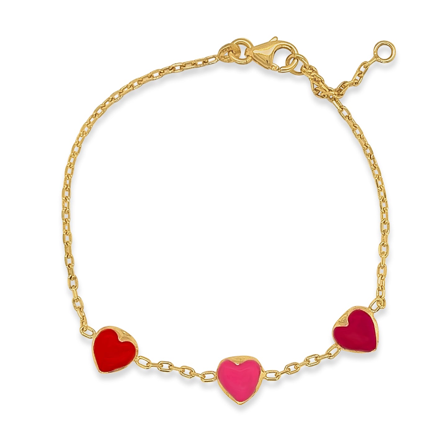 14k Tri Colored Enamel Puffed 3 Hearts Bracelet