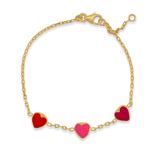 14k Tri Colored Enamel Puffed 3 Hearts Bracelet