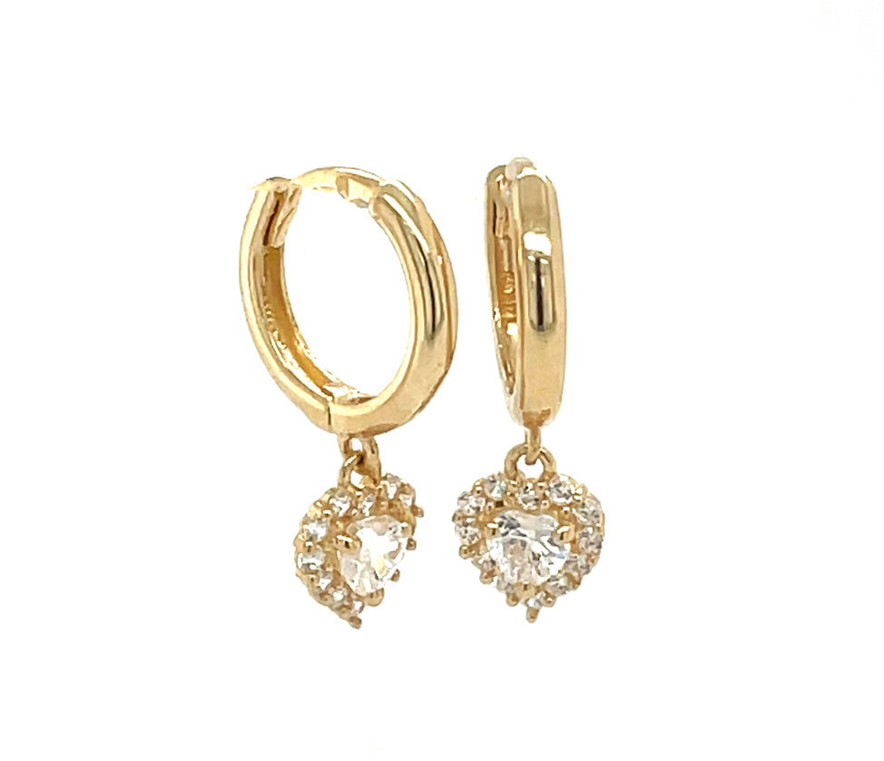 14K Gold Hanging Halo Heart Earrings