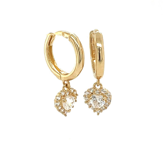 14K Gold Hanging Halo Heart Earrings