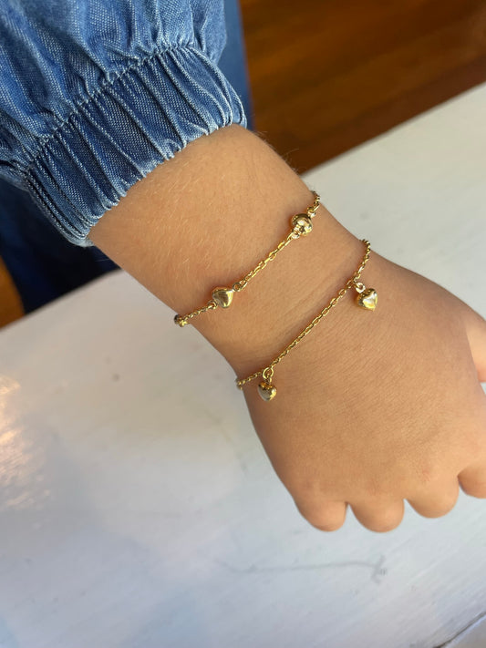 14K Gold Hanging Puffed Heart Charm Bracelet